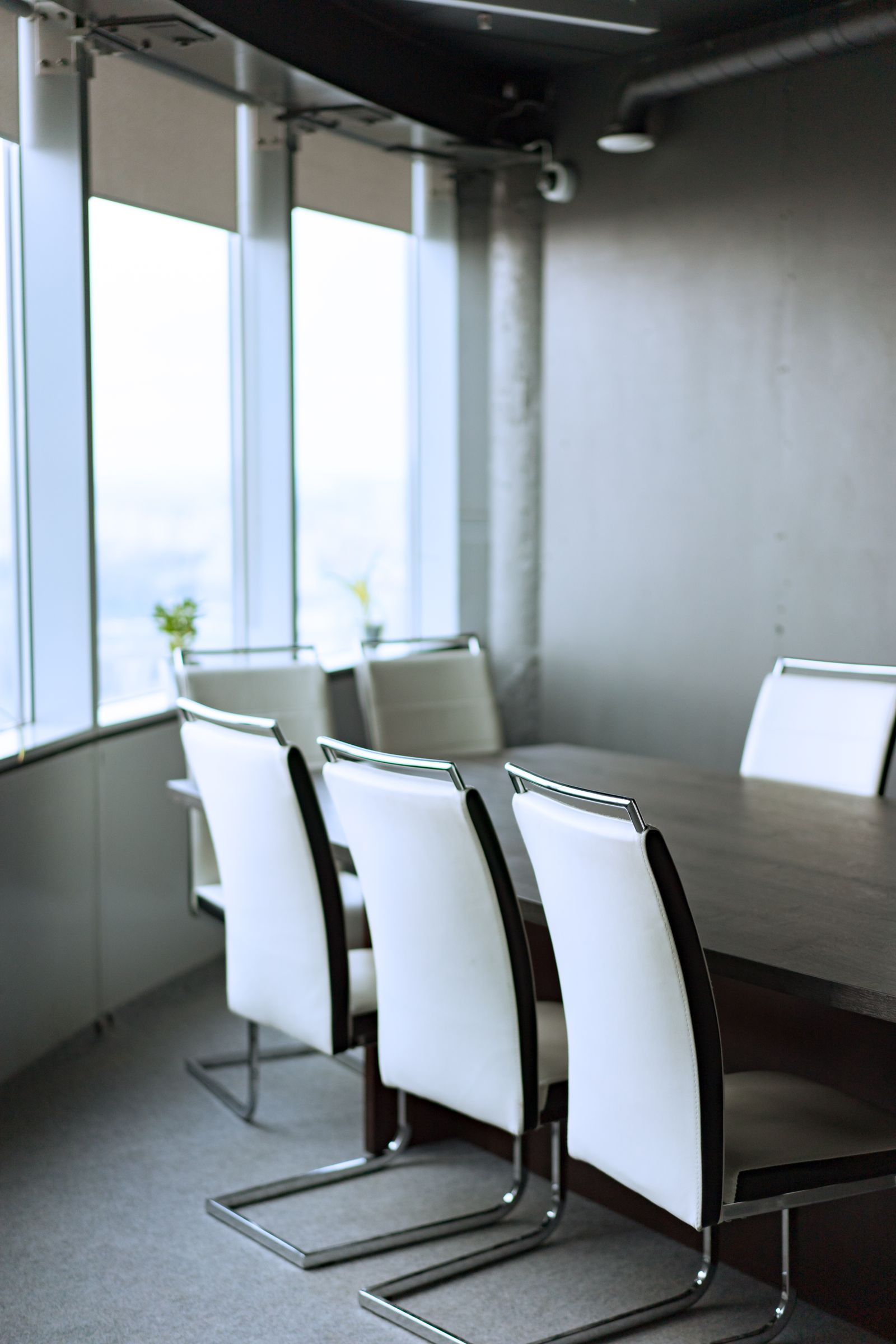 Daylight through the windows of a quiet meeting room